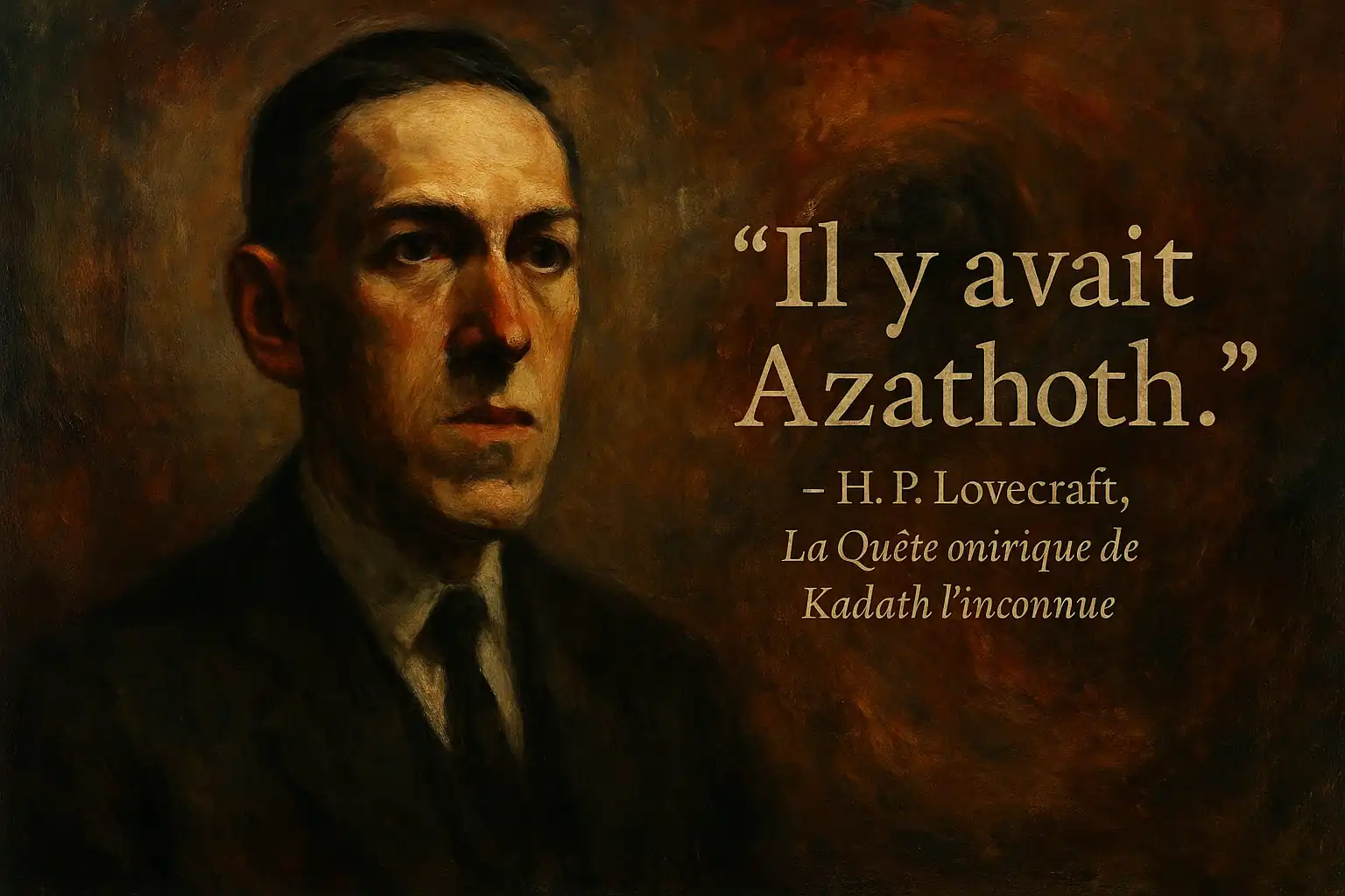 Portrait de H. P. Lovecraft accompagné de la citation “Il y avait Azathoth” extraite de La Quête onirique de Kadath l’inconnue.