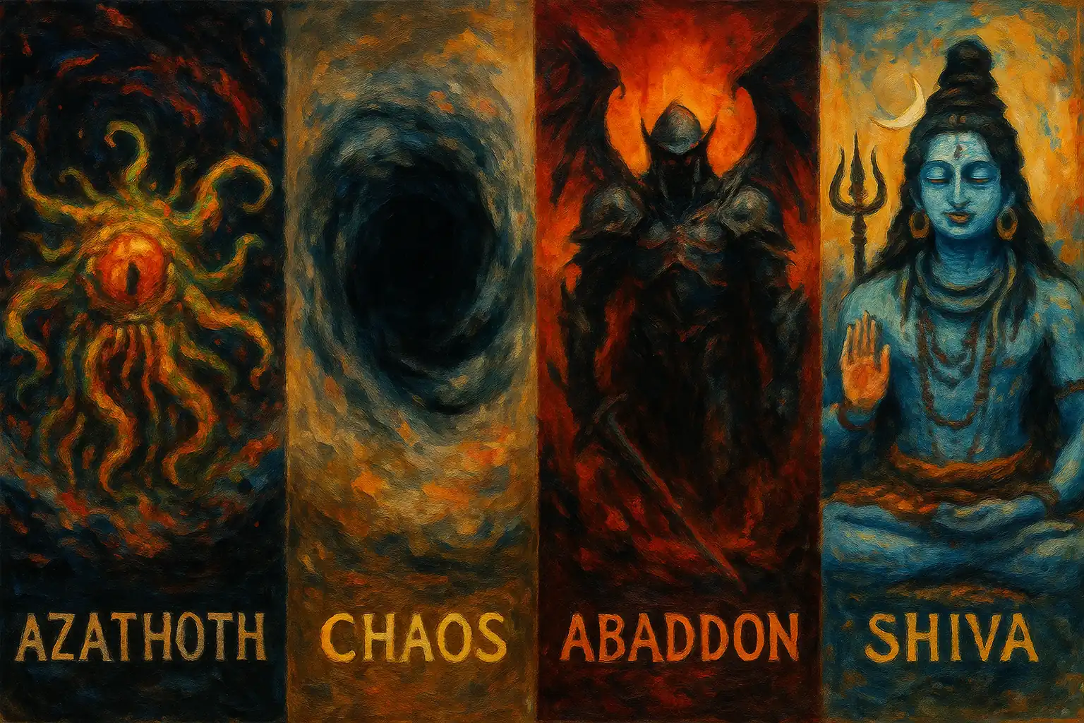 Illustration des dieux du chaos dans plusieurs cosmologies : Azathoth dans le mythe de Lovecraft, un vortex chaotique, Abaddon dans l’eschatologie biblique, et Shiva dans l’hindouisme.