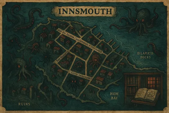 Carte détaillée de la ville fictive d’Innsmouth, lieu central de la nouvelle Le Cauchemar d’Innsmouth de H. P. Lovecraft, montrant les rues, le port et les zones côtières infestées par les Profonds.