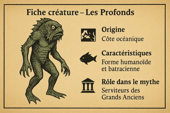 Fiche illustrée sur les Profonds dans l’univers de Lovecraft : origine, caractéristiques physiques et rôle dans le Mythe de Cthulhu