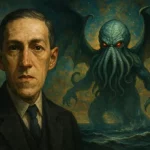 Portrait de H. P. Lovecraft avec la silhouette de Cthulhu en arrière-plan, symbole de son héritage posthume