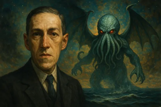 Portrait de H. P. Lovecraft avec la silhouette de Cthulhu en arrière-plan, symbole de son héritage posthume