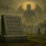 Tombe de H. P. Lovecraft dans un cimetière brumeux, avec la silhouette spectrale de Cthulhu sous la lune