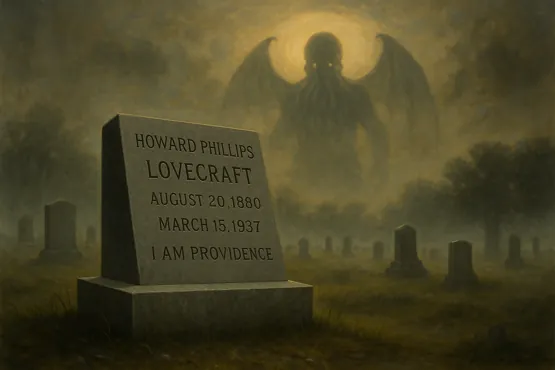 Tombe de H. P. Lovecraft dans un cimetière brumeux, avec la silhouette spectrale de Cthulhu sous la lune