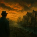 Peinture sombre du narrateur arrivant à Innsmouth, ville portuaire en ruine au coucher de soleil, inspirée de la nouvelle L’Ombre sur Innsmouth de Lovecraft