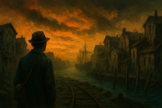 Peinture sombre du narrateur arrivant à Innsmouth, ville portuaire en ruine au coucher de soleil, inspirée de la nouvelle L’Ombre sur Innsmouth de Lovecraft