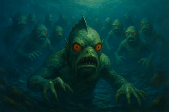 Groupe de Profonds nageant dans les abysses, créatures hybrides mi-humaines mi-poissons issues du Mythe de Cthulhu et vénérant Dagon.