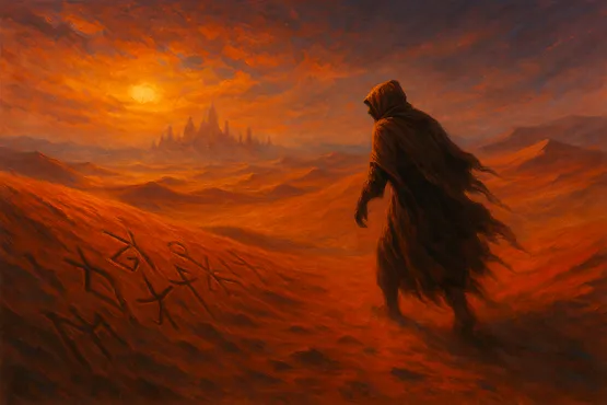 Illustration de l’auteur du Necronomicon traversant un désert brûlant vers une cité ancienne