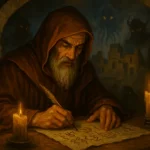Illustration du scribe maudit rédigeant le Necronomicon sous l’emprise d’entités obscures