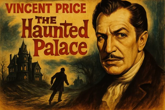 Illustration vintage du film inspiré de Lovecraft avec Vincent Price et un manoir sinistre