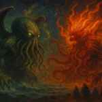 Illustration de Cthulhu affrontant une entité tentaculaire enflammée dans un paysage apocalyptique.