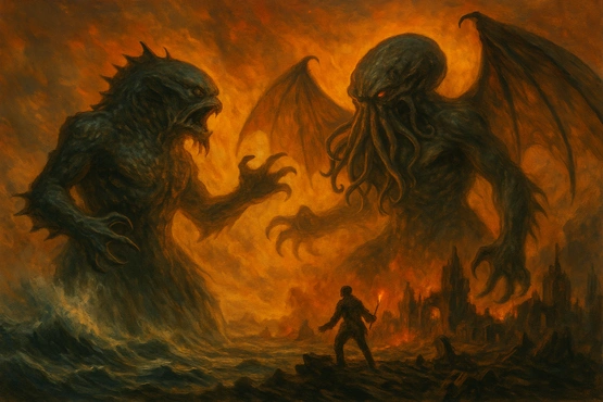 Scène représentant un culte souterrain des Profonds rassemblés autour d’une statue géante de Dagon, dans une atmosphère sombre et rituelle.