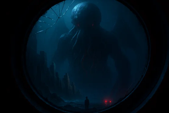 Silhouette titanesque de Cthulhu observée à travers un hublot dans les abysses.