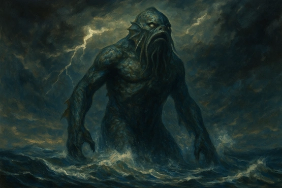 Apparition du dieu Dagon surgissant de la mer déchaînée sous un ciel orageux, inspirée de l’univers de Lovecraft.