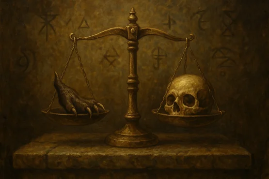 Une balance ancienne avec une griffe et un crâne, évoquant la justice surnaturelle du récit.