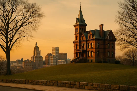 Un bâtiment victorien dominant la ville de Providence, évoquant l’ambiance d’Arkham.