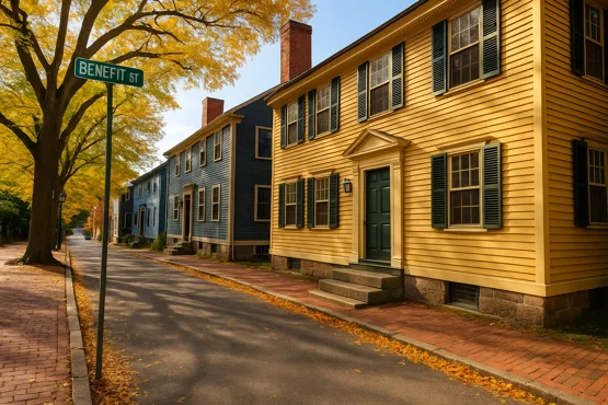 Maisons coloniales aux volets verts à l’automne sur Benefit Street, l’une des rues emblématiques liées à Lovecraft.