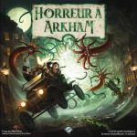 Illustration de la boîte du jeu Horreur à Arkham, avec des investigateurs poursuivis par des créatures tentaculaires.