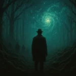 Un homme en imperméable observe une galaxie spirale au cœur d'une forêt surnaturelle.