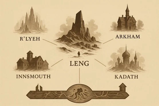 Carte illustrée reliant R’lyeh, Arkham, Kadath, Innsmouth et Leng
