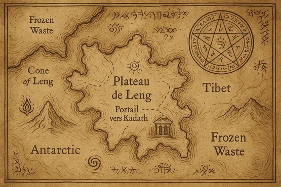Représentation cartographique du Plateau de Leng, avec annotations runiques et point d’accès vers Kadath