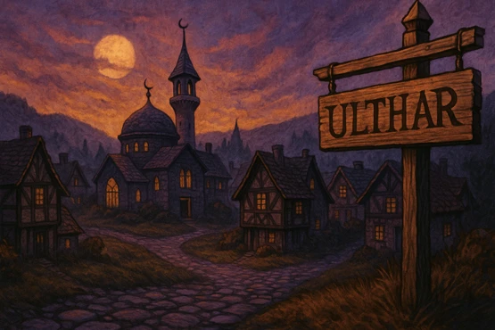 Panneau en bois marqué « Ulthar » à l’entrée du village, avec des maisons aux toits pointus et la lune en arrière-plan.