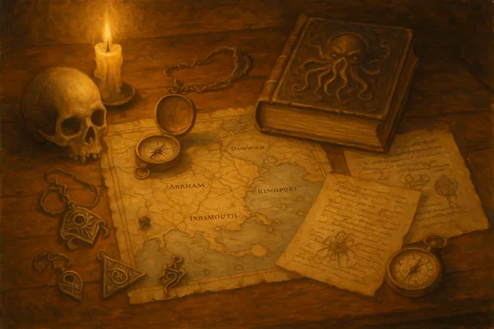 Carte ancienne représentant Arkham, Innsmouth, Dunwich et Kingsport dans l’univers de Lovecraft.