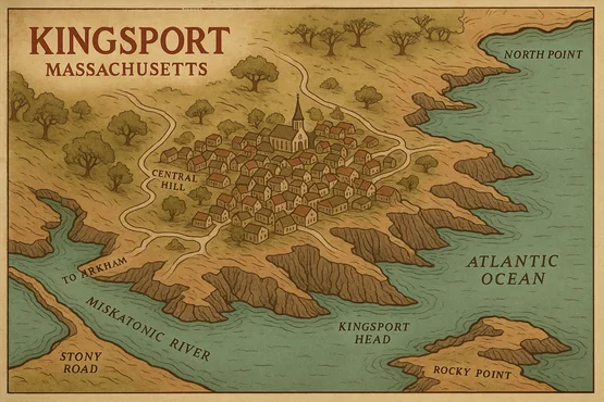 Carte illustrée de Kingsport avec ses falaises, ses ruelles et sa position près du Miskatonic.
