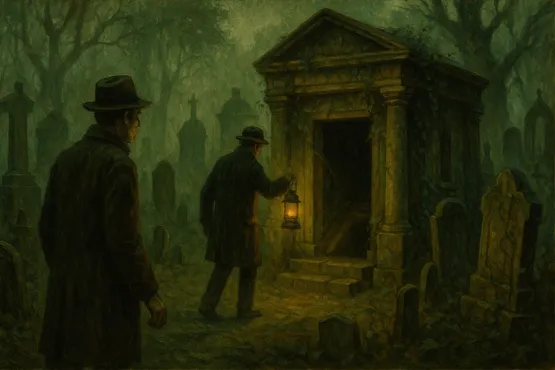 Deux hommes à la lanterne s’approchent d’un ancien mausolée au cœur d’un cimetière