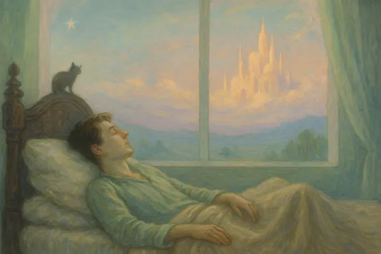 Randolph Carter endormi rêvant de Kadath, sous le regard d’un chat