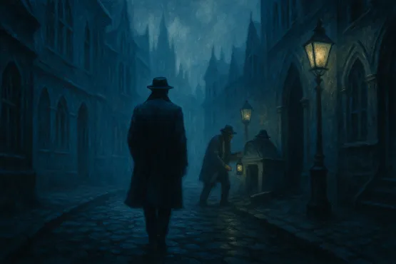 Silhouette de Carter dans une ruelle sombre éclairée par des réverbères anciens