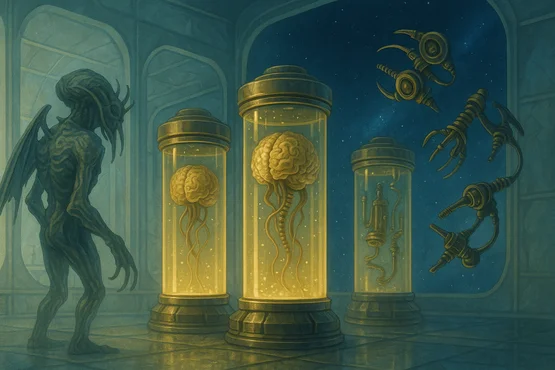 Laboratoire alien contenant des cerveaux humains dans des cuves.