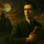 Jeune homme tenant un grimoire devant un manoir sous la pleine lune, atmosphère lovecraftienne