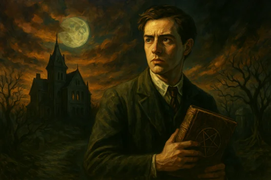 Jeune homme tenant un grimoire devant un manoir sous la pleine lune, atmosphère lovecraftienne