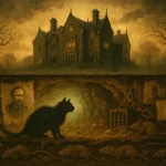 Illustration d’un chat noir dans une galerie souterraine hantée sous un vieux manoir