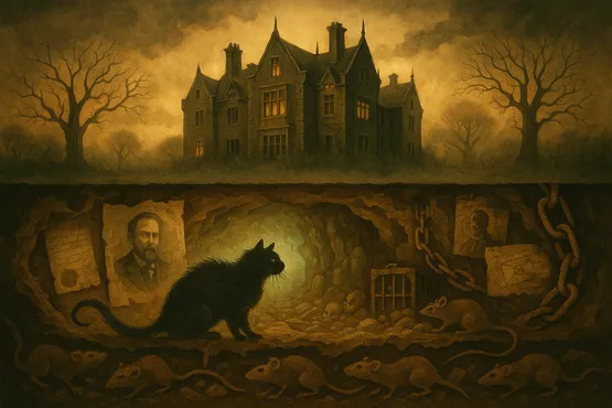Illustration d’un chat noir dans une galerie souterraine hantée sous un vieux manoir