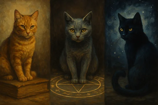 Trois chats aux regards perçants, posés dans des décors symboliques, entre mythe et ésotérisme.