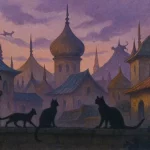 Des chats noirs veillent sur la ville d’Ulthar au crépuscule, entre magie et mystère.
