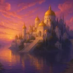 Vue majestueuse d’une cité aux dômes dorés éclairée par un coucher de soleil