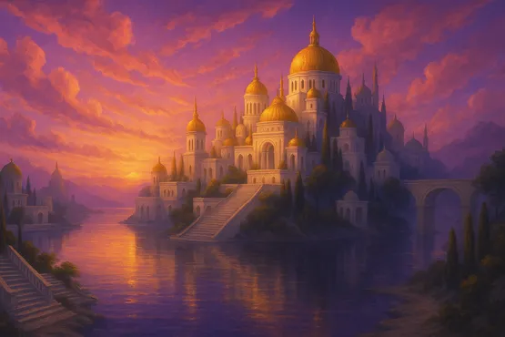 Vue majestueuse d’une cité aux dômes dorés éclairée par un coucher de soleil