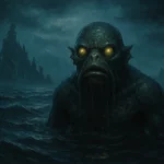 Créature marine monstrueuse aux yeux jaunes brillants, émergeant d’un océan sombre et inquiétant, typique du Mythe de Cthulhu.