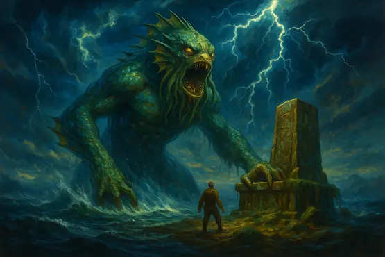Représentation terrifiante de Dagon émergeant des profondeurs marines
