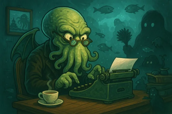 Représentation cartoon de Cthulhu en costume, tapant à la machine à écrire avec une tasse de café