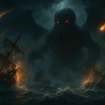 Cthulhu émerge des flots et fait sombrer des navires dans une tempête apocalyptique.