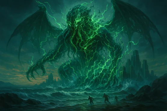 Cthulhu ressuscité dans un éclat d’énergie verte devant une cité engloutie.