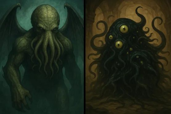 Illustration comparative entre Cthulhu et une créature Shoggoth