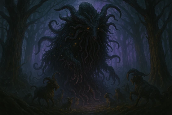 Apparition tentaculaire de Shub-Niggurath au cœur d’une forêt cauchemardesque, entourée de cultistes encapuchonnés.