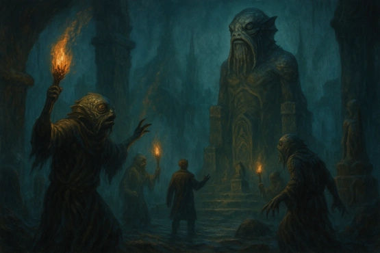 Scène représentant un culte souterrain des Profonds rassemblés autour d’une statue géante de Dagon, dans une atmosphère sombre et rituelle.