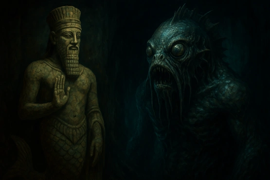 Illustration de Dagon face à une ancienne statuette mythologique, symbolisant le lien entre divinités païennes et l’horreur de Lovecraft.