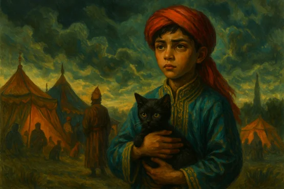 Un jeune garçon en tenue orientale serre un chat noir, évoquant l’origine du mythe d’Ulthar.